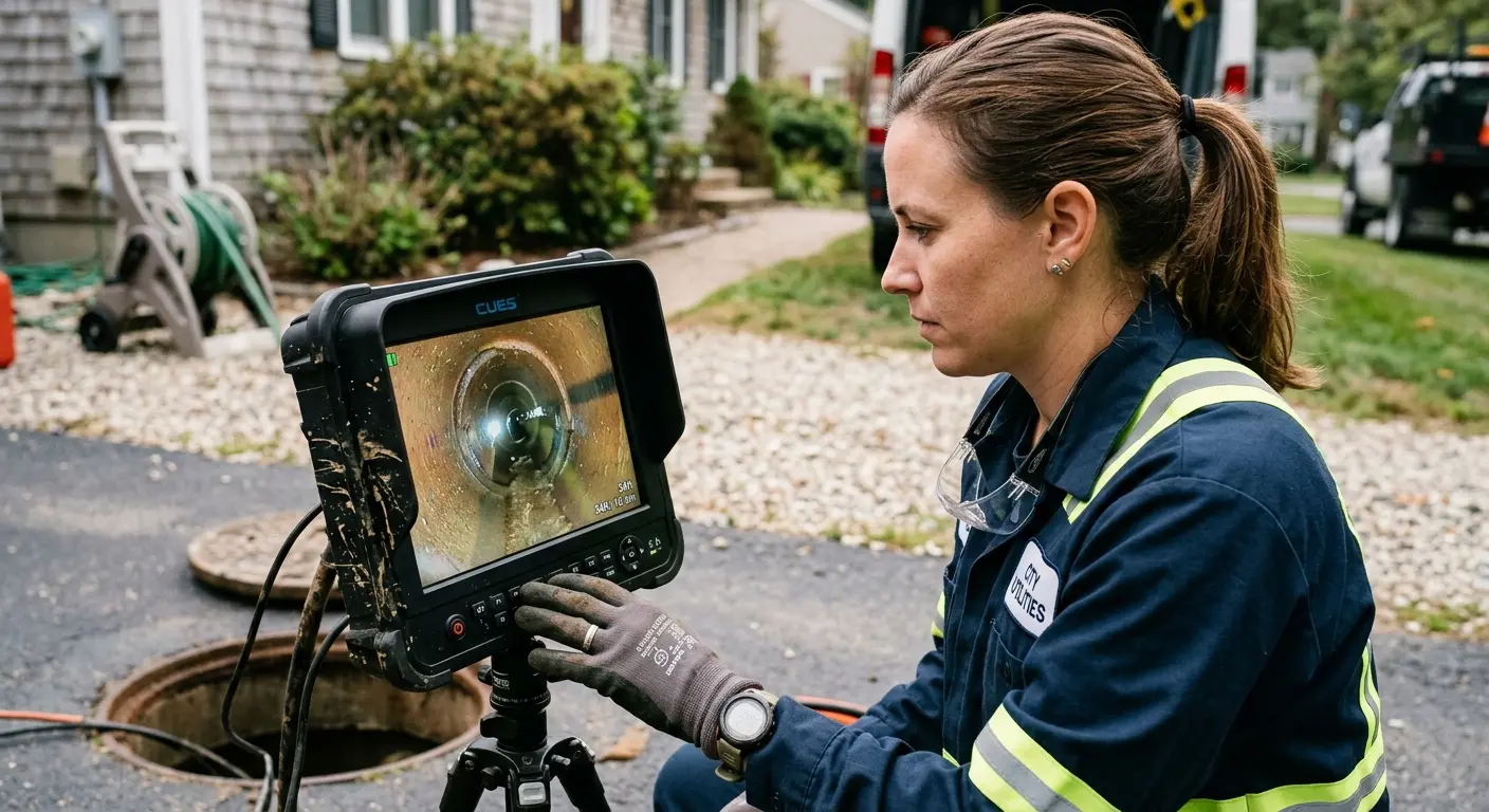 Technician reviewing sewer camera inspection footage in Westminster