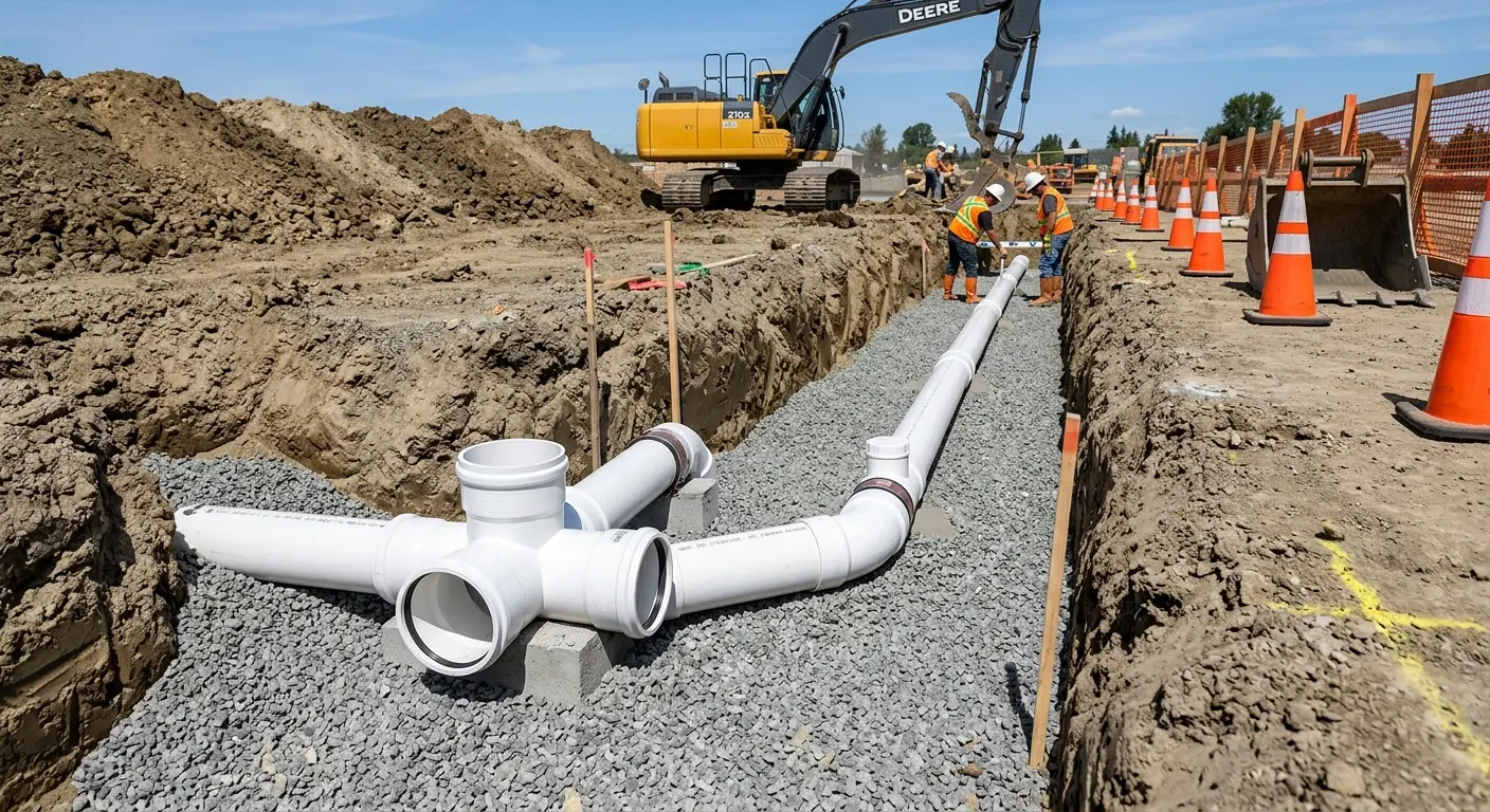 New PVC sewer pipe installation in open trench for Commercial Drain Cleaning in Westminster