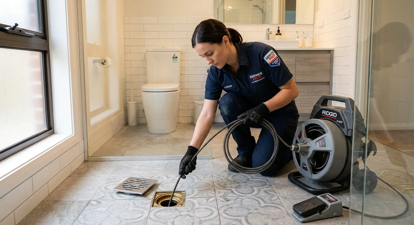 Technician clearing a bathroom floor drain for Clogged Drain Repair in Westminster